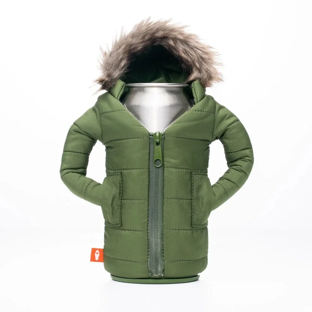 Puffin drinkwear Drink Parka Jacket Koozie The Pahka Olive Green w/ Fur Hood NEW